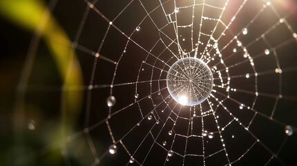 A close-up of a dew drop on a spider web with an out-of-focus background.