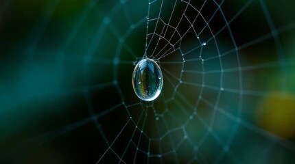 A close-up of a dew drop on a spider web with an out-of-focus background.