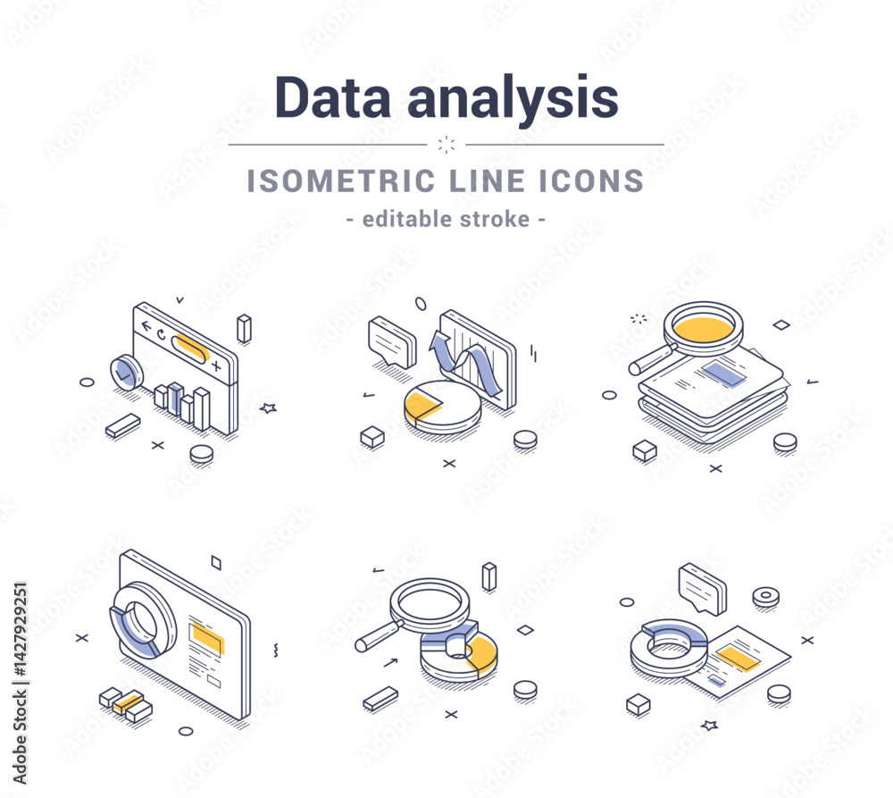 Isometric line icons representing various aspects of data analysis ...