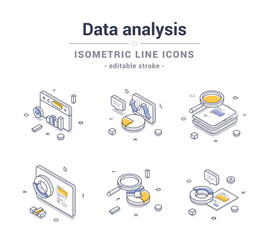 Wall Mural - isometric line icons representing various aspects of data analysis, including charts, graphs, and in