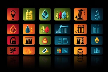 Poster - Colorful Fuel Icons Display Energy Diversity on a Black Background for Sustainable Energy Representation