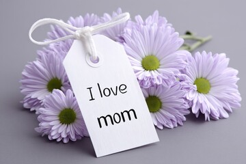  A flat layout with a clean paper tag tied to flowers that reads I love you mom