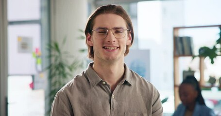 Aufkleber - Happy, office and face of business man with company pride, confidence and smile at startup. Creative agency, marketing consultant and portrait of professional person for career, job and media project