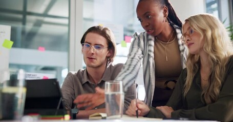 Leinwandbilder - Meeting, tablet and people in office for advice, planning project and campaign feedback. Business, tech and mentor in agency for brainstorming, creative collaboration and problem solving with support