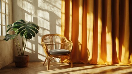 Fototapete - Clay-colored curtains beside a rattan chair and monstera plant