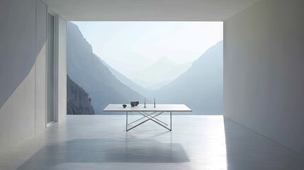 Fototapete - Open-plan space with a foldable dining table and clean, white walls