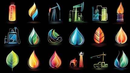 Poster - Colorful Fuel Icons Representing Various Energy Sources Against a Black Background Showcasing Energy Diversity in Modern Society
