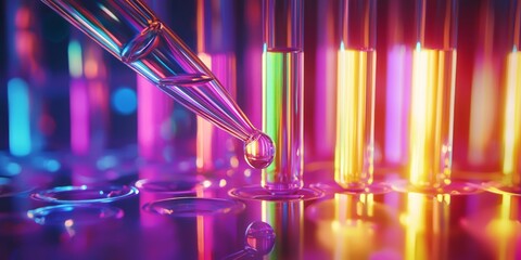Leinwandbilder - Close-Up View of Laboratory Pipette Dropping Liquid into Test Tubes Surrounded by Colorful Background Enhancing Scientific Exploration and Research