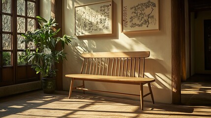 Fototapete - Wooden bench under a gallery of nature-inspired wall art and lush green plants
