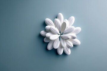 Poster - Pill Arranged in a Blooming Flower Shape on a Soft Blue Background, Embodying Wellness and Minimalist Design Principles