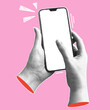 © Logvin art - Human hands with a smartphone. Trendy collage banner with hand holding mobile phones. Modern art with halftone effects. Vector pop art illustration.