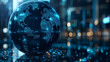 © indah - Global network represented by a digital globe and blue light over dark blurry background