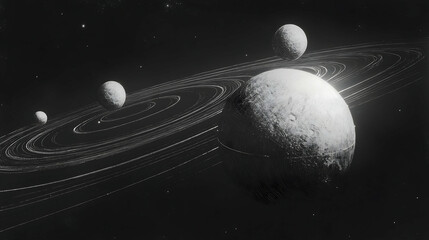 striking grayscale depiction of planets orbiting a massive ringed world in the vastness of space