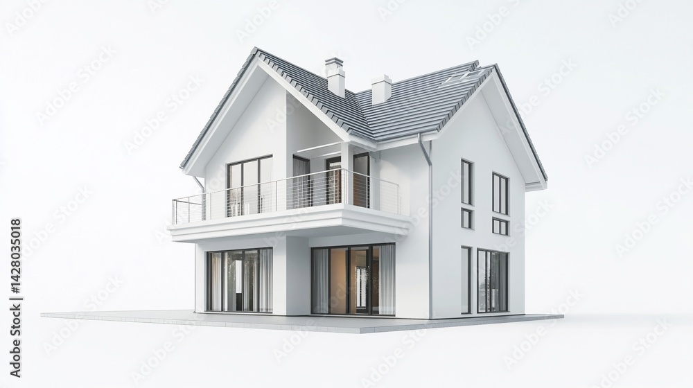 Architectural rendering of a modern two story house with white walls ...