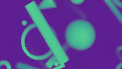 Aufkleber - Meditative animation of geometric shapes falling and colliding in soft light. Green shapes on a dark purple background create a weightless effect. 3d rendering 4K