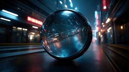 a smooth, reflective sphere rests on a neon-lit urban street, beautifully capturing the vibrant city