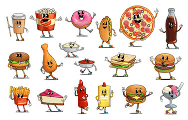 Poster - Retro groovy fast food characters of vector funny burger, pizza, drinks and desserts. Cartoon hippie psychedelic hamburger, hot dog, coffee and sandwich. Groovy french fries, chicken leg and donut