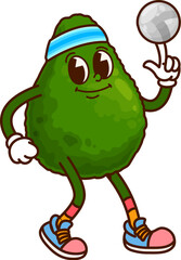 Poster - Avocado groovy cheerful character playing volleyball. Green avocado vintage groovy cheerful character, vegan food 60s 70s cartoon vector funny personage. Avocado cute retro happy mascot doing sports