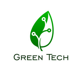 Leinwandbilder - Green tech, smart digital farm and green energy or eco technology, vector icon. Leaf with chipset emblem for digital tech and computer innovation, smart green power and future biotechnology symbol