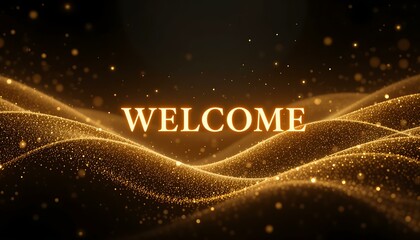 Abstract glowing gold particle wave with welcome text. Digital stream of shimmering particles, luxurious background for event advertisement or special occasion.