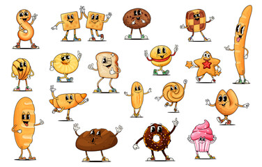 Poster - Funny groovy bread and bakery desserts characters, vector cartoon pastry emoji. Groovy croissant with happy smile and funky cupcake muffin with bagel or cookie biscuit and donut cartoon characters