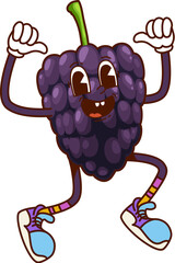 Poster - Cartoon groovy blackberry character happily jumping. Isolated vector naughty comic berry personage with a wide smile. Cute and funny ripe fruit wearing retro hippie sneakers express positive emotions
