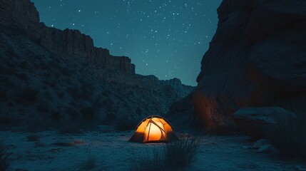 Wall Mural - canyon camp at night, glowing tent, stars .