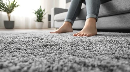 Fototapete - A girl enjoys a moment of relaxation on a soft grey carpet in a cozy indoor setting. The atmosphere is calm, with natural light illuminating her space, creating a serene ambiance