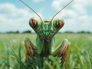 Close-up of Praying Mantis Standing in Grass Field Under Blue Sky