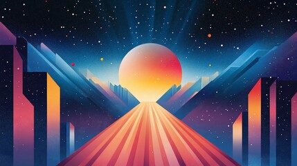 Wall Mural - abstract geometric illustration features a road leading to a sunset in a starry sky