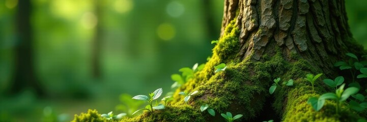 Wall Mural - foliage with moss and lichen on a weathered tree trunk, nature, vegetation