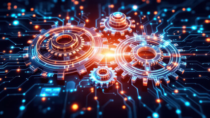 interconnected gears and circuitry symbolizing synergy between technology and business processes