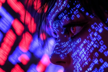 Digital art featuring a futuristic portrait of a hacker student is set against a backdrop of illuminated data patterns and vibrant neon colors