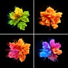 Poster - Colorful Exploding Flora: A Quadriptych of Abstract, Ink-Splashed Floral Forms Against a Dark Backdrop, Rendered in High Detail