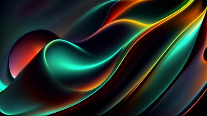 Wall Mural - Abstract looped animation of green and orange waves with colorful swirling pattern, flowing shapes in motion on dark background. Gradient of warm and cool colors creating a dynamic and vibrant effect.