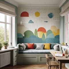 Poster - Sunlit Kid's Room with Colorful Mural, Window Seat, and Workspace Featuring a Wooden Desk and Chair for Creative Activities.