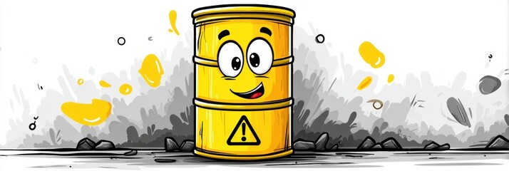 Leinwandbilder - Smiling Cartoon Barrel With Hazard Label Brings Playful Danger to Life in a Fun and Colorful Setting