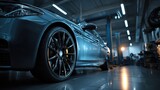Sleek, modern vehicle in a professional auto repair shop.