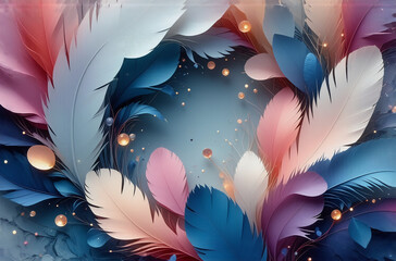 Wall Mural - soft feathers in blue, pink, purple, and white gently swirl against a blurry backdrop with golden sp