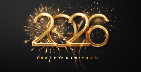 Wall Mural - new year fireworks and golden numbers 2026 on dark background. celebration new year's eve. golden fi
