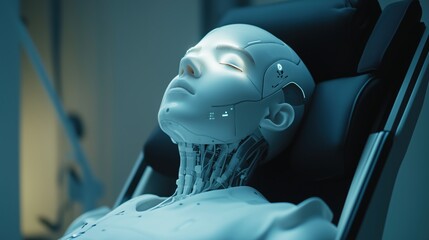 a humanoid robot sitting in a minimalist office chair, eyes closed, soft light illuminating its sili