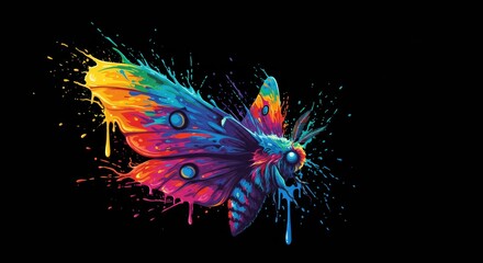 Vibrant moth silhouette with dripping rainbow paint on stark black canvas