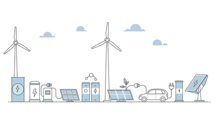 Sustainable Energy Landscape with Wind Turbines and Solar Panel Array Illustration