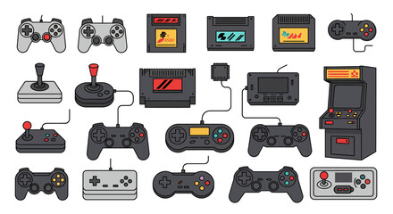 Nostalgic array of retro gaming consoles, controllers and arcade machine illustration