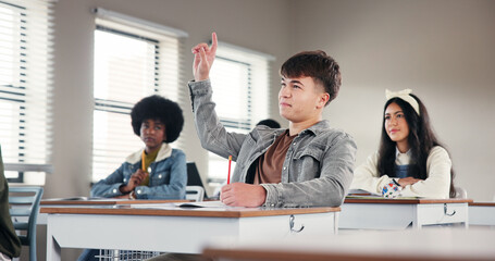 Poster - Question, hands up and boy in classroom with answer for lesson, learning and education. High school, academy and students with gesture for asking, feedback and knowledge development for assessment