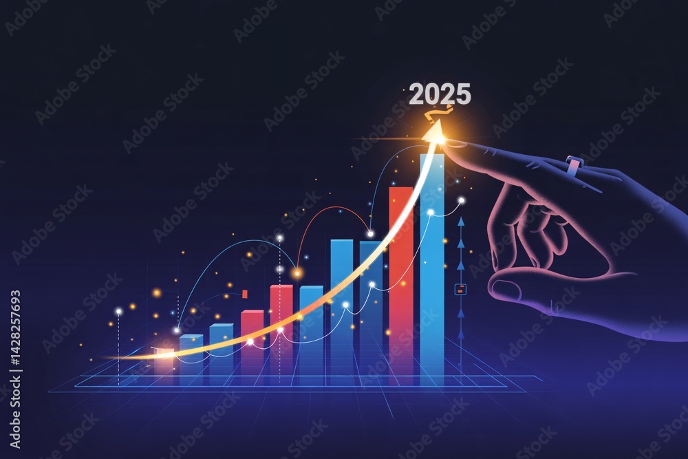 2025 Business Growth and Technology Bar Graph with Digital Hand Stock ...