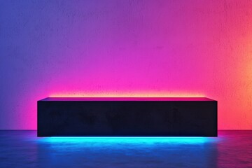 Poster - Futuristic matte black floating table illuminated by soft blue and pink ambient tech lights