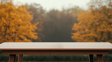 Poster - Polished wooden table displaying autumn forest background for cozy product presentations