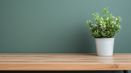 Poster - Minimalist wooden table with plant in a modern office setting