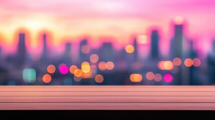 Fototapete - Empty wooden table overlooking vibrant city skyline at sunset